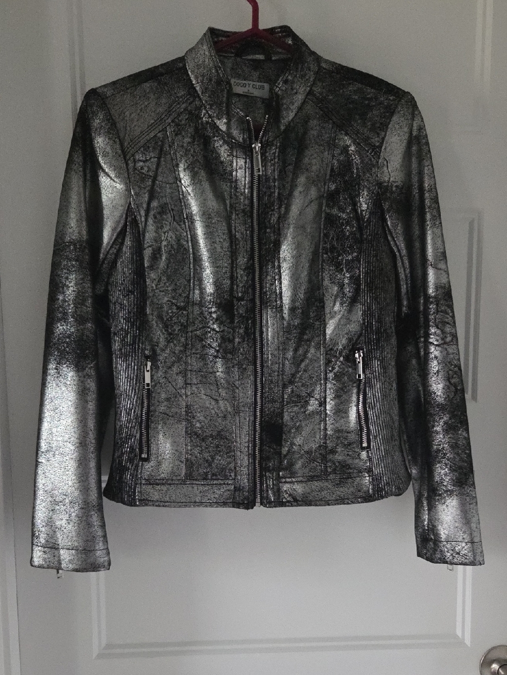 Metallic Silver Fitted Women's Faux Leather Jacket